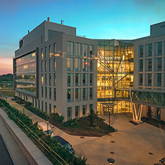 Exterior shot of the Integrated Sciences Complex at night