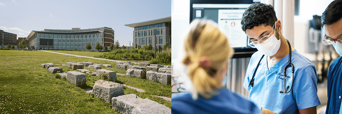 Side-by-side images of UMass Boston campus and male nursing student working in a lab