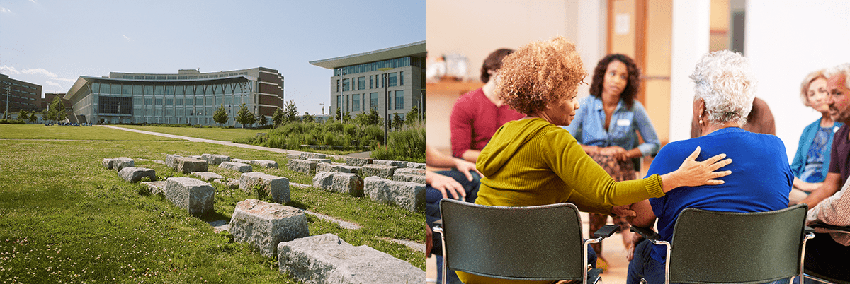 Side-by-side images of UMass Boston campus and group counseling