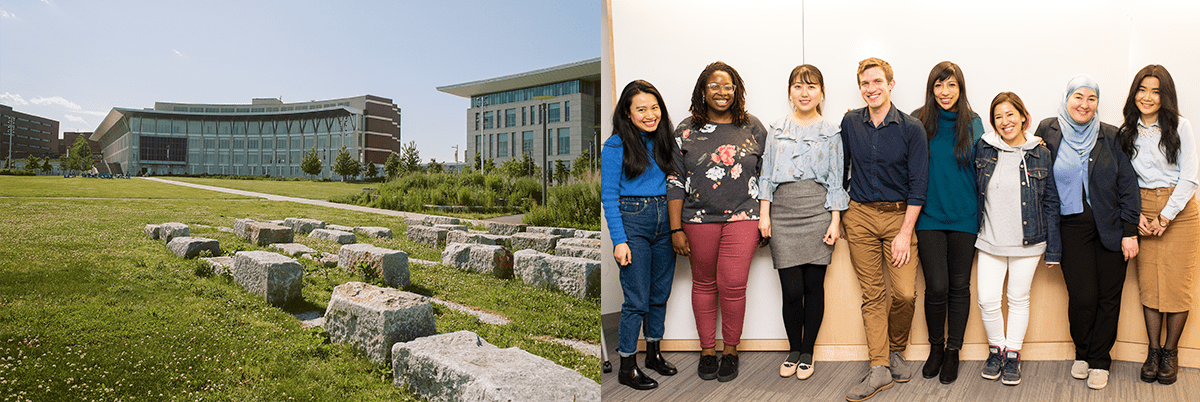 Side-by-side photos of UMass Boston campus and group of Applied Linguistics masters students