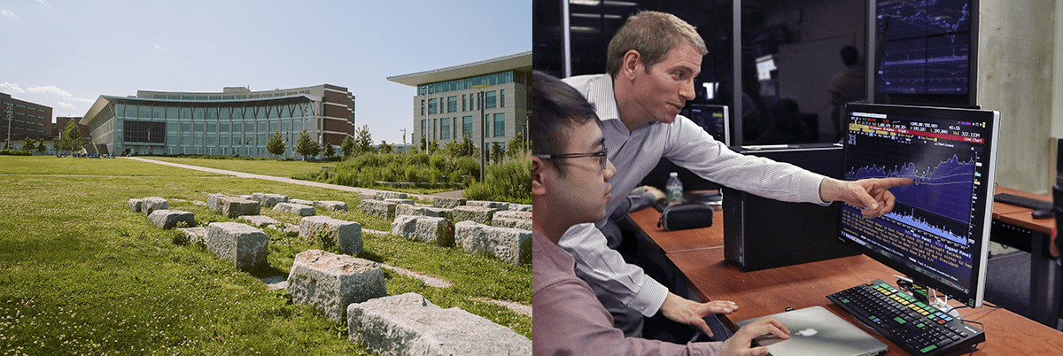 Side-by-side photos of UMass Boston campus and two men working on a computer in UMass Boston's Bloomberg Lab