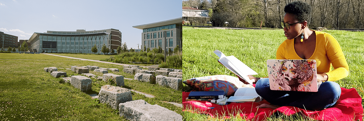 Side-by-side images of UMass Boston campus and woman sitting on a blanket in a park, doing homework