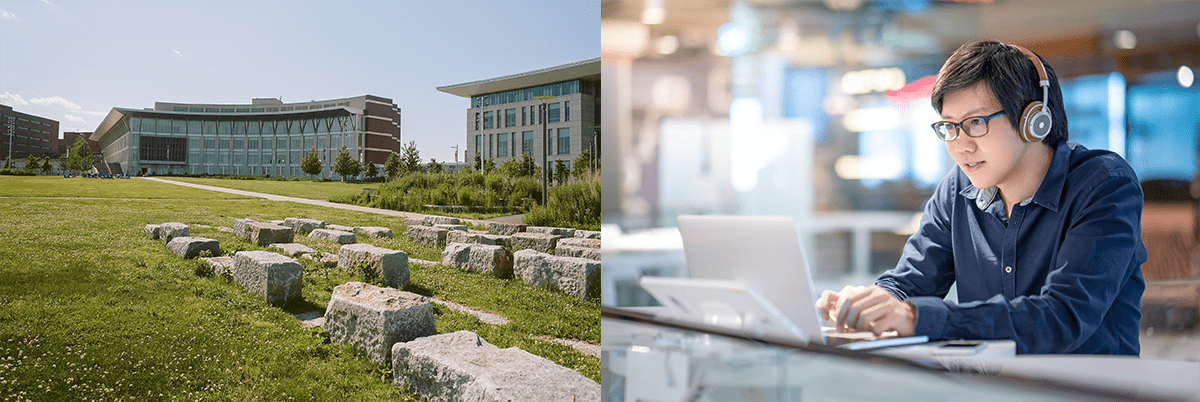 Side-by-side images of UMass Boston campus and man wearing headphones while working on a laptop