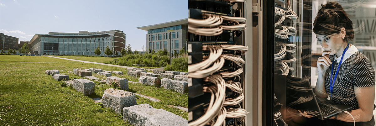 Side-by-side photos of UMass Boston campus and woman working with computer servers