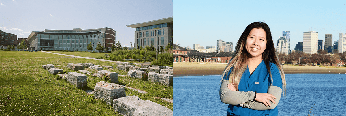 Side-by-side images of UMass Boston campus and nursing student posing in front of the Boston skyline