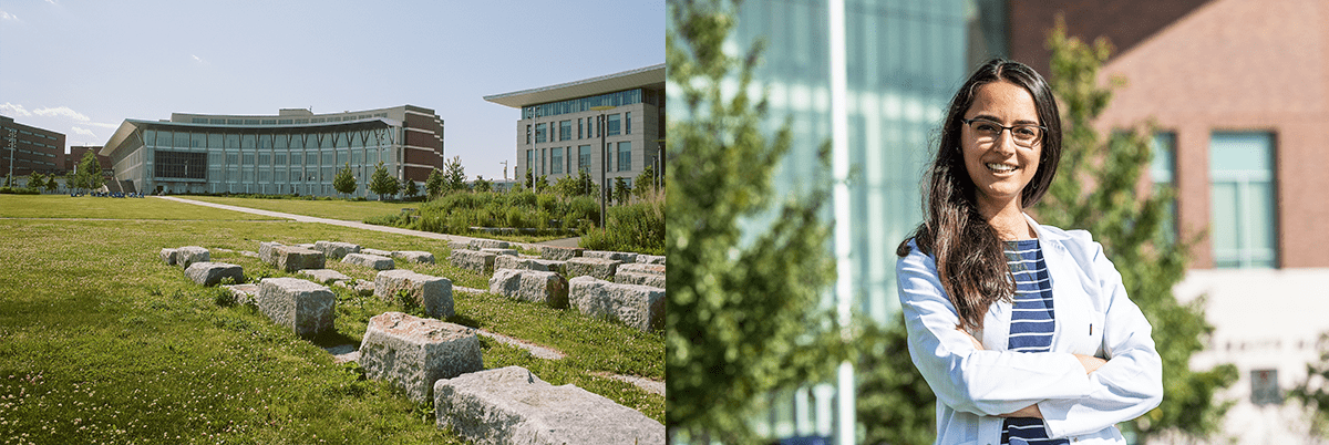 Side-by-side images of UMass Boston campus and nursing student standing in front of University Hall