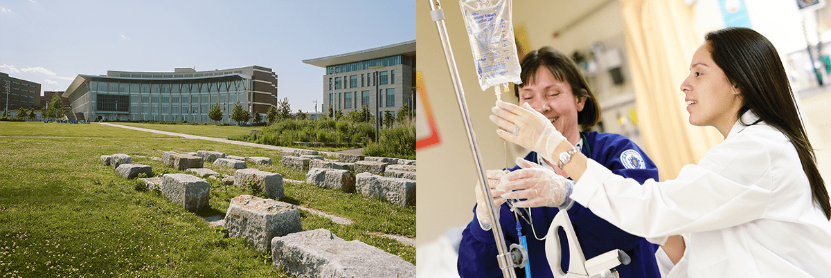 Side-by-side image of UMass Boston campus and nurses