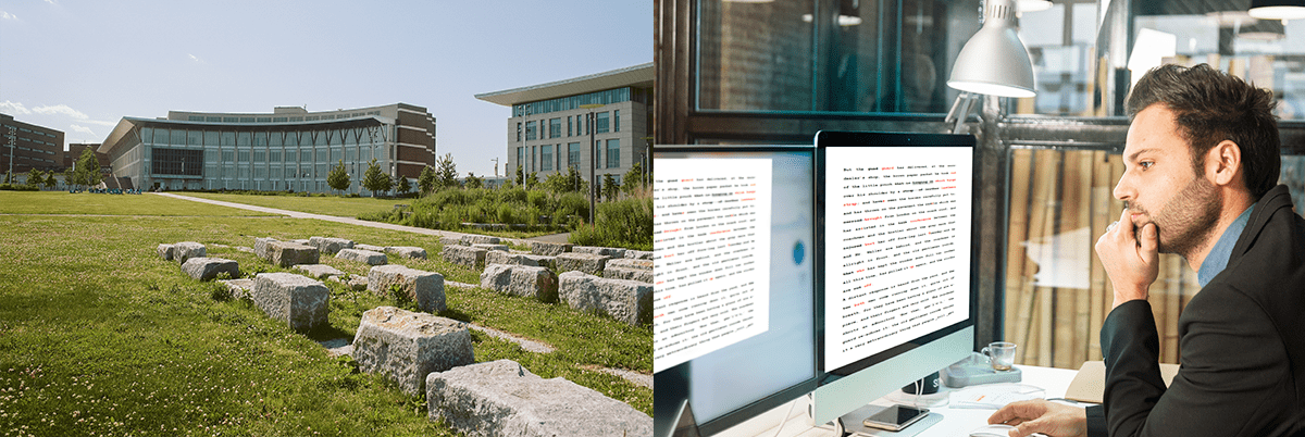 Side-by-side images of UMass Boston campus and man looking at computer monitors as he does language translation work